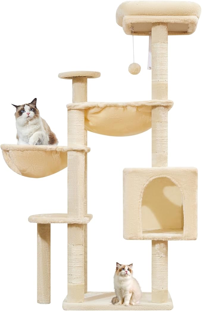 Taoqimiao Cat Tree, 51-Inch Cat Tower for Kittens, Cat Tree Tower with 5 Scratching Posts, Plush Cat Condo with Plush Perch, 2 Hammock, Pompoms, Beige MS019XL-M