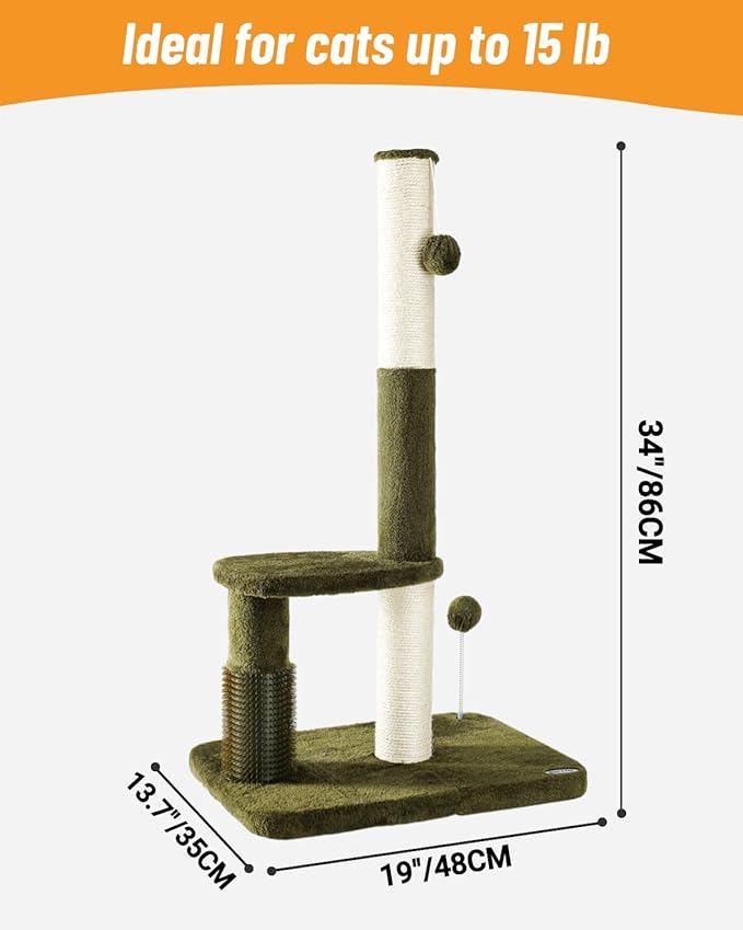 Happi N Pets 34“ Tall Cat Scratching Post for Big Cats, Natural Sisal Cat Scratchers for Indoor Cats, Heavy Duty Cat Stands Featuring with Cat Self Groomer and Hanging Toys, Free Catnip-Green
