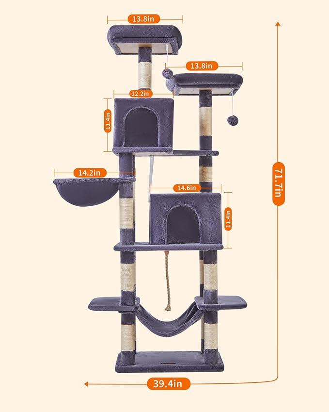 Taoqimiao Cat Tree, 71.7-Inch Cat Tower for Indoor Cats, Plush Multi-Level Cat Condo with 13 Scratching Posts, 2 Perches, 2 Caves, Hammock, 2 Pompoms,Smoky Gray MS013LG