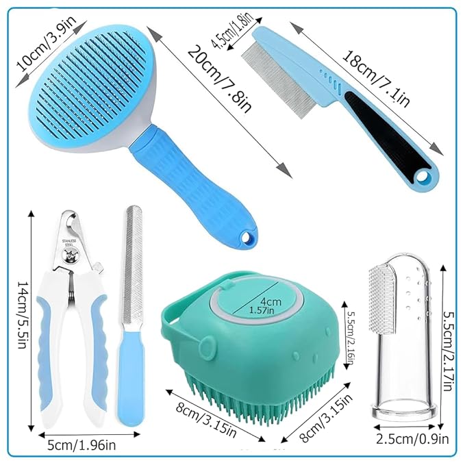 7pcs Pet Grooming Kit, Self-Cleaning Brush Shedding Kit with Nail Clipper, Flea Comb, Shampoo Bath Brush, Finger Toothbrush, Storage Bag (Blue)