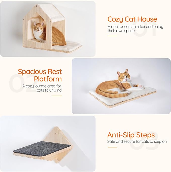 HOOBRO Wood Cat Wall Shelves, Set of 5 Cat Furniture, Cat Wall Mounted Furniture, Cat Climbing Shelves with Cat House, Cat Steps, Scratching Post, Perch, Sturdy and Anti-Slip, Natural NL43CS03