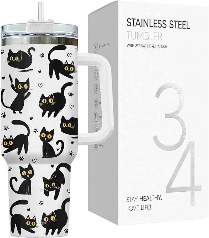 34HD Black Cat Coffee Tumbler with Handle and Straw, 40oz Stainless Steel Insulated Kitty Mug with Lid, Cute Pet Gifts for Women Men on Birthday Mothers Day Halloween Christmas