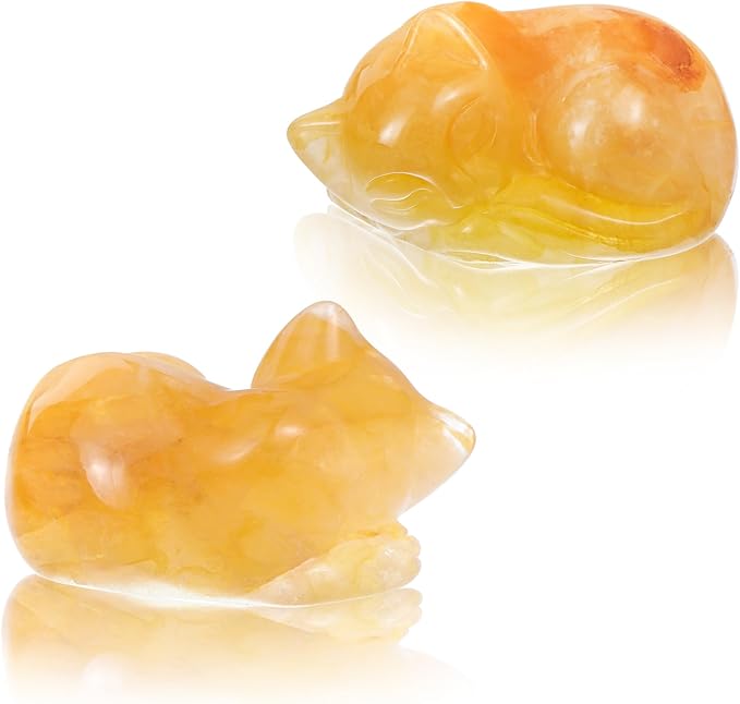 2" Sleeping Cat Statue Citrine Healing Crystals Hand Carved Cute Kitten Figurine, Worry Stone for Anxiety Relif Home Desk Decor Animal Figurine.