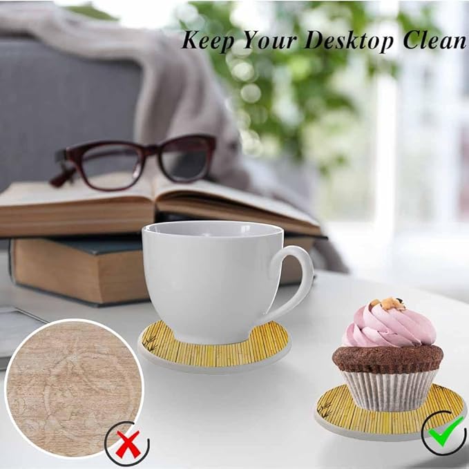 Bamboo Style Ceramic Coasters Absorbent Drink Coasters Round Ceramic Table Coasters Set Decorative Coffee Cup Beverage Coasters Wine Beer Bar Coasters 2 Pack