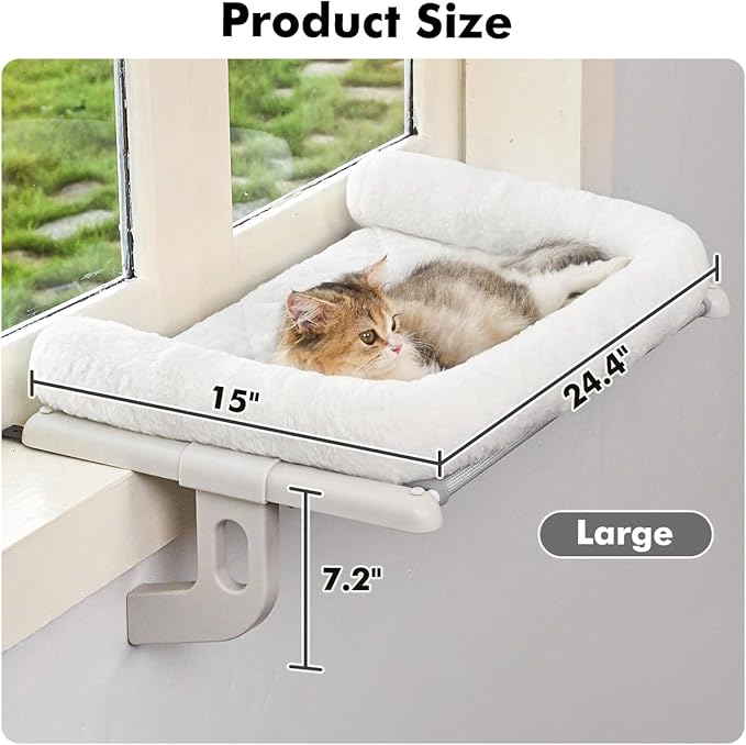 Cat Window Sill Perch with Large Bolster, Easy to Adjust & Assemble Cat Window Seat for Windowsill & Bedside, Cat Hammock Bed for Large Cats and Kittens (White, L)