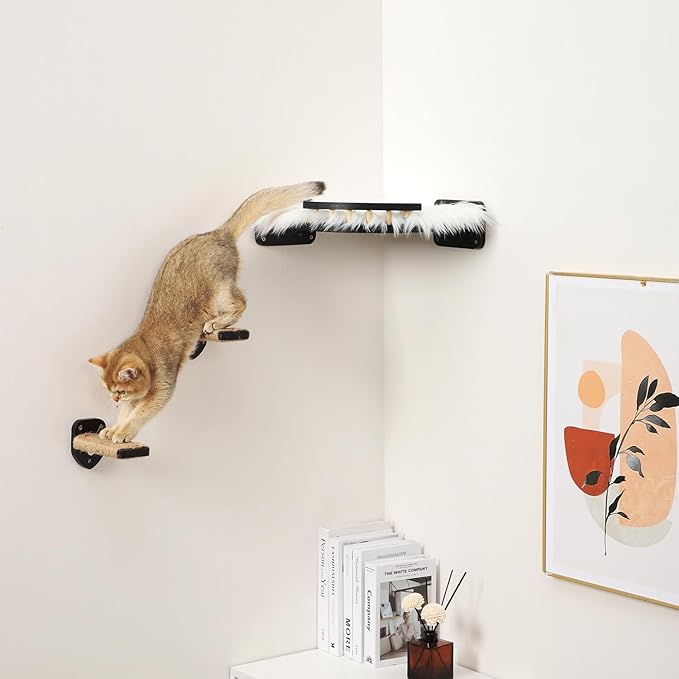 Cat Wall Shelves, Cat Shelves and Perches for Wall, Cat Wall Furniture, Corner Cat Shelf with 3 Steps Scratch Post, Cat Bed Hammock with Plush Covered, Climbing Shelf for Indoor Cats (Black)