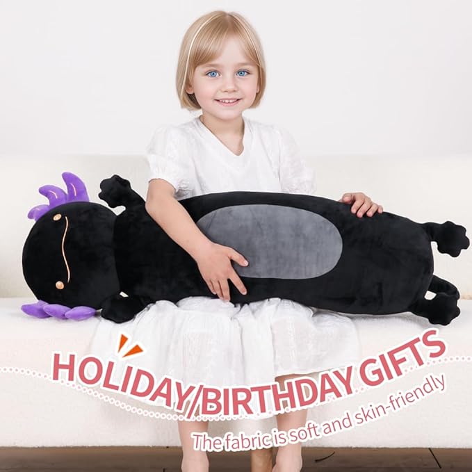 36" Giant Black Axolotl Stuffed Animal, Cute Soft Long Axolotl Plush Body Squishy Pillow Big Plushies Toy, Gift for Kids, Boys, Birthdays, Easter