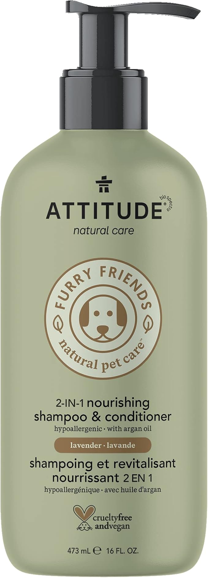 ATTITUDE 2in1 Nourishing Shampoo and Conditioner for Cat & Dog, Vegan and Cruelty-Free, Lavender & Argan Oil, 16 Fl Oz
