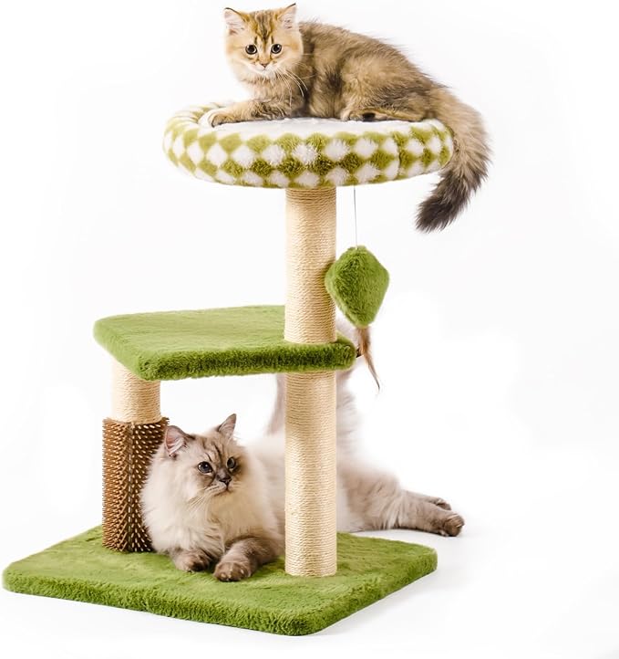 Mewoo Small Cat Tree Tower, Cat Tower with Scratching Post, Cat Trees with Removable Cat Perch for Indoor Cats Large Adult, Cute Cat Tree with Interactive Cat Toys for Kittens (Green, Large)