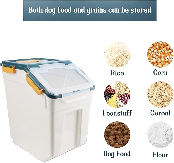 AnRui 2Pcs Airtight Flour Storage Containers 45LB, Large Rice Storage Container, Plastic Cereal Grain Dispenser Organizer Pet Dog Cat Food Storage Bin with Lid, with Measuring Cup, Scoop, Blue