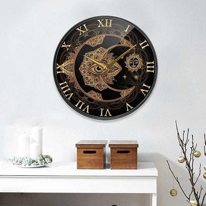 ALAZA Sun Crescent Moon Boho Bohemian Alchemy Wall Clock Battery Operated Silent Non Ticking Clocks for Living Room Decor 12 Inch / 9.5 Inch