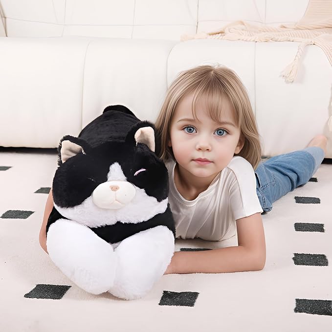 40'' Large Cat Sleeping Long Plush Pillow Toy, Milk Black White Kitty Soft Cat Stuffed Animals, Big Kitten Plushies Cute Doll Gift for Kids Girls Boys, Birthday