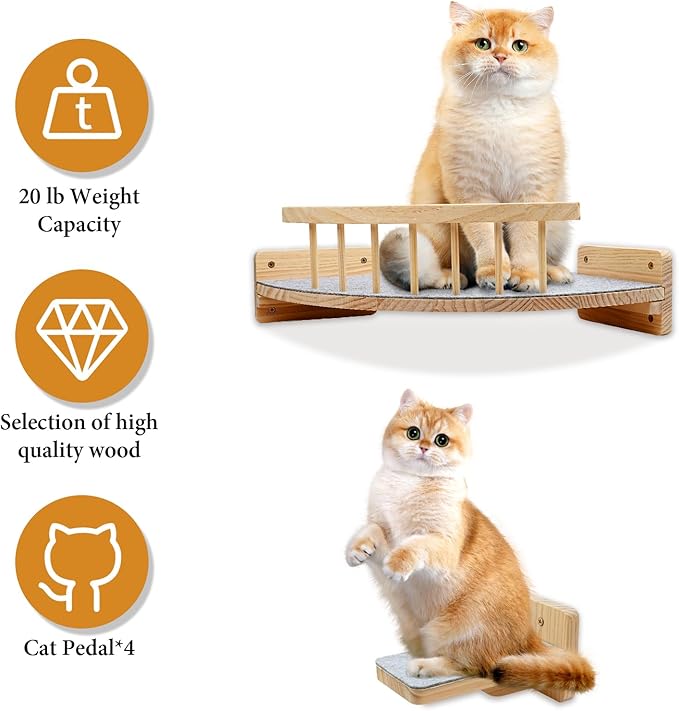 Cat shelves for wall with 4 Steps Scratch Post 13 * 13 in Indoor Walled Mounted Cat Bed with 6 Felt Pad Wood Cat Bed Hammock with Climbing Shelf for Cats Support 20 LBS