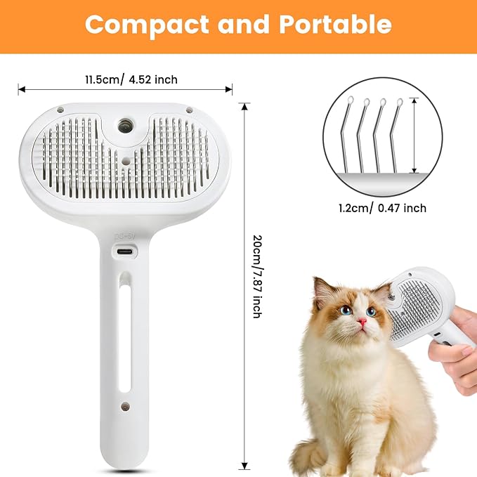 3 in 1 Cat Steam Brush, Pet Spray Hair Removal Comb for Shedding & Grooming, Water Brush for Cats Dogs Small Animals Long Short Haired with One-Click Release Button(White)