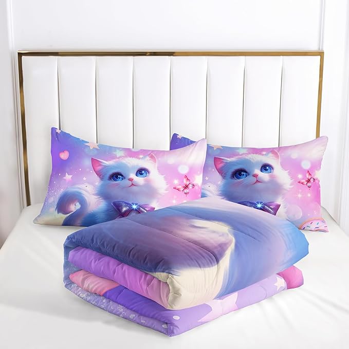 AILONEN Kids Cat Comforter Set Full Size,Kawaii Kitten Comforter for Girls,Colorful Rainbow Cat Bedding Set 3 Pieces,1 Comforter with 2 Pillowcases