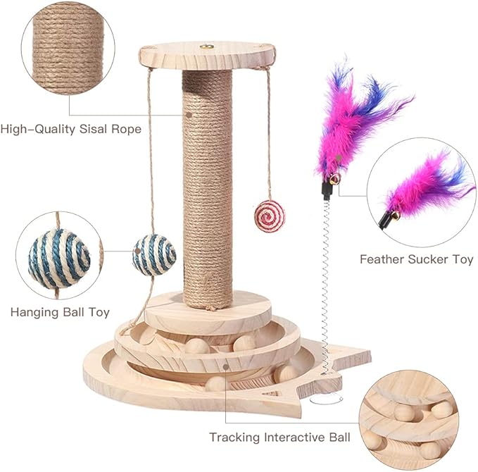 Marchul Cat Scratching Post with Hanging Ball, Kitten Sisal Scratcher Toy with 2 Layer Tracks Spinning Balls, Cat Tracking Interactive Toys for Indoor Cats and Kittens