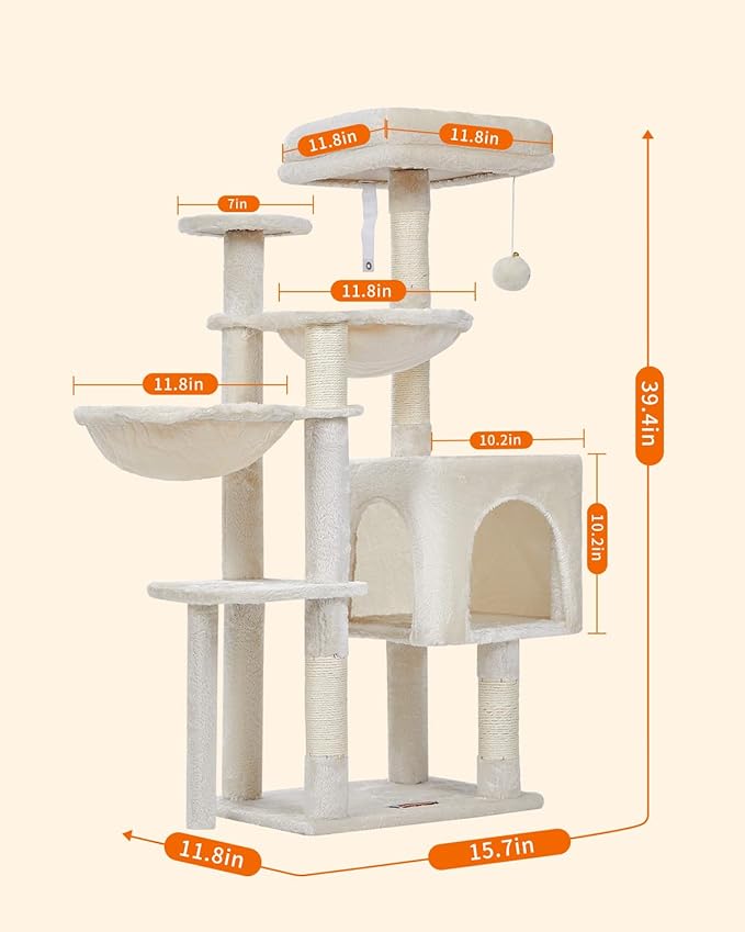 Taoqimiao Gothic Cat Tree, 39.4-Inch Cat Tower for Indoor Cats,Suitable for Kittens,Plush Cat Condo with 5 Scratching Posts, Plush Perch,2 Hammock,Pompoms, MS019M Beige