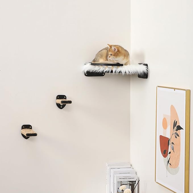 Cat Wall Shelves, Cat Shelves and Perches for Wall, Cat Wall Furniture, Corner Cat Shelf with 3 Steps Scratch Post, Cat Bed Hammock with Plush Covered, Climbing Shelf for Indoor Cats (Black)