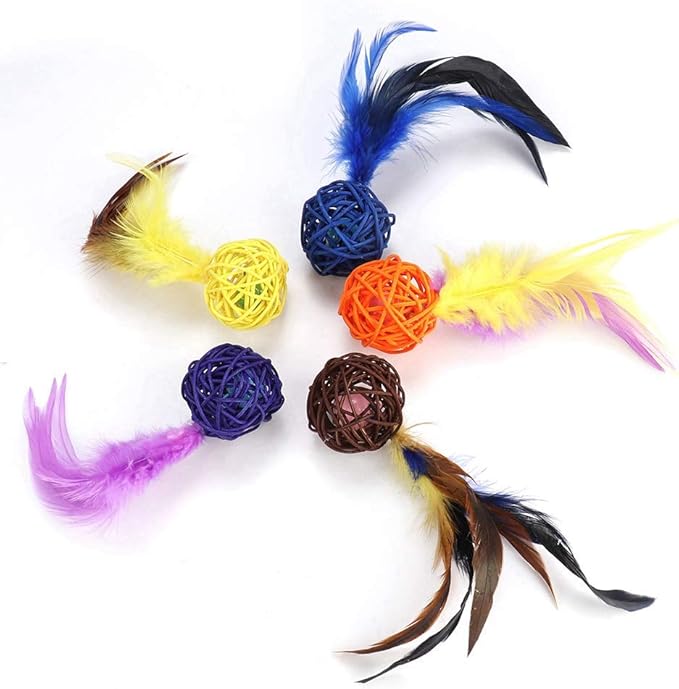 5PCS Cat Catch Chewing Toys, Pet Kitten Kitten Plush Play Toy CInteractive Chaser Teaser Toy olorful Rattan Balls with Feather Ring Bell Playthings for Cats Puppy Kitty Kitten Pets Novelty Gift