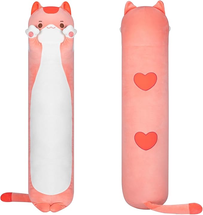 Artist-Designed Ultra Soft Long Cat Plush Body Pillow, Extra Stuffing for Comfort, Premium Quality Stuffed Animal Gift for Girlfriend or Cat Lovers (Pink Cat Body Pillow 36 Inch)
