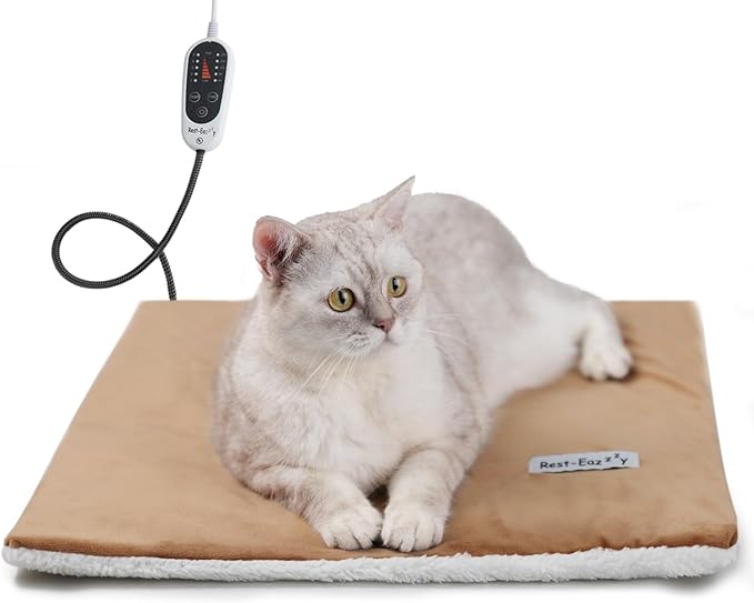 Rest-Eazzzy Cat Heating Pad, Cat Bed with Removable Cover Heated Cat Bed 5 Level Timer and 5 Level Temperature, Cat Beds for Indoor Warming Mat for Cat Dog (Heat pad, Pure-Brown)