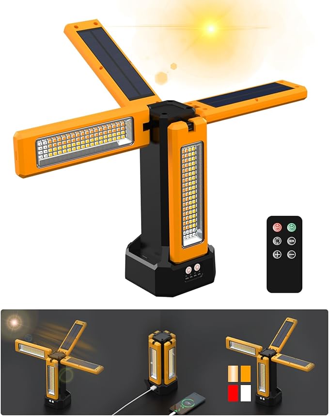 13200mAh Rechargeable Solar Work Light with Folding Stand Support and Portable Carrying Bag, 8000 Lumen Stepless Dimmable, 4 Lighting Modes, White/Warm/Warm White (No Tripod)
