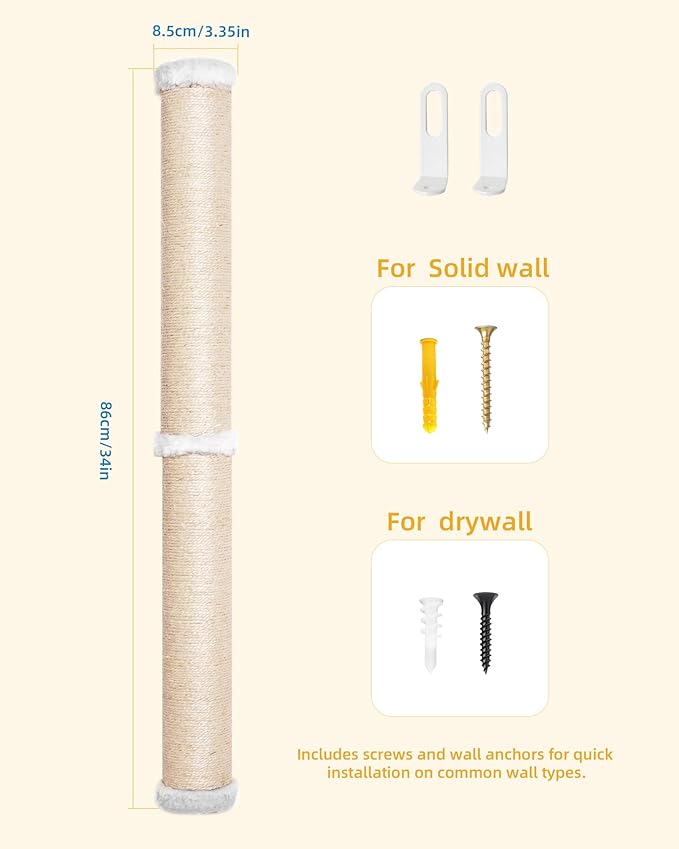 Cat Wall Scratcher, 34" Sisal Cat Scratching Post, Wall Mounted Cat Furniture for Indoor Cats, Tall and Sturdy Cat Climbing Pole for Large Cats