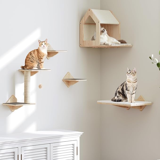 HOOBRO Wood Cat Wall Shelves, Set of 5 Cat Furniture, Cat Wall Mounted Furniture, Cat Climbing Shelves with Cat House, Cat Steps, Scratching Post, Perch, Sturdy and Anti-Slip, Natural NL43CS03