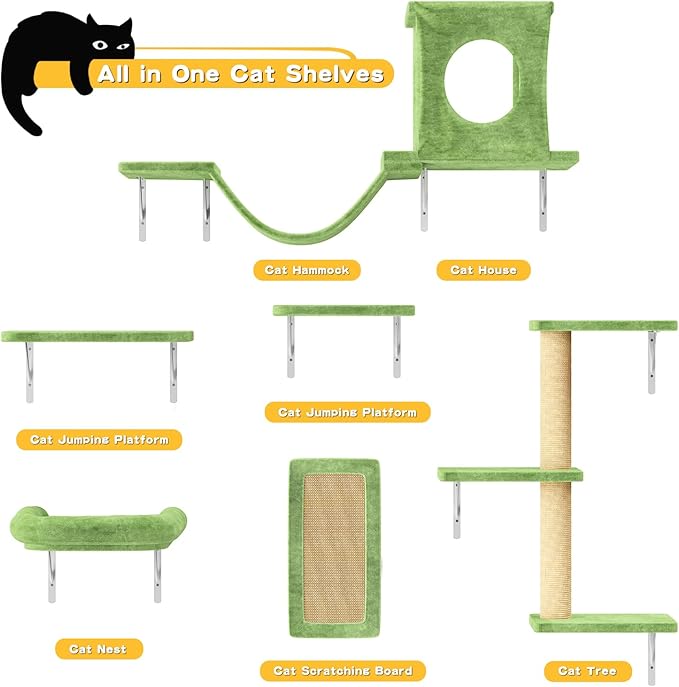 Wall Mounted Cat Furniture, 6pc Cat Wall Furniture, Cat Climber with Cat House, Bridge, Tree, Steps, and Scratcher, DIY Cat Walls Playground, Cat Shelves for Indoor Wall Furniture Set - Green
