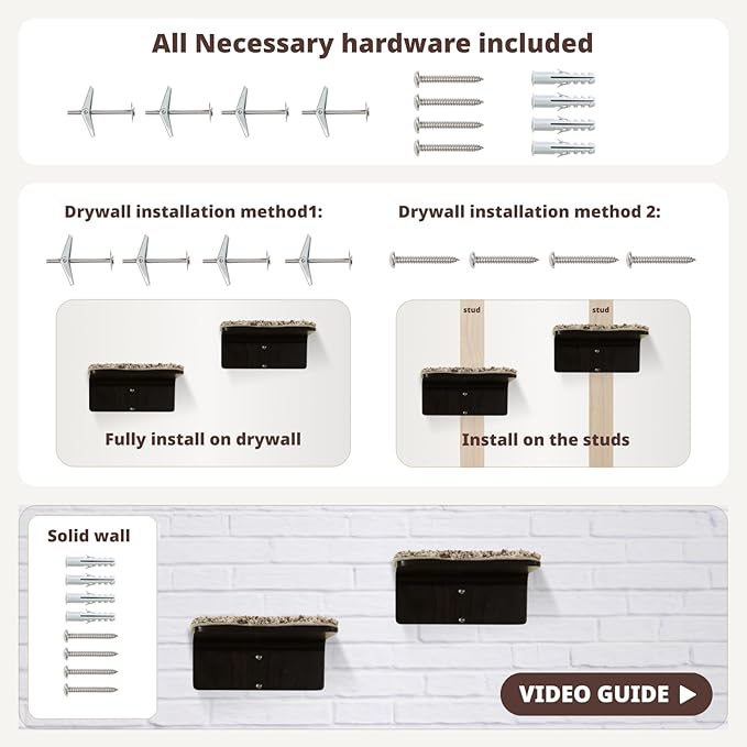 2 Set Cat Wall Steps - Wooden Cat Climbing Shelf for Wall - Cat Wall Stairs with Scratching Mat - Wall Mounted Cat Furniture for Jumping, Playing, and Lounging, Walnut