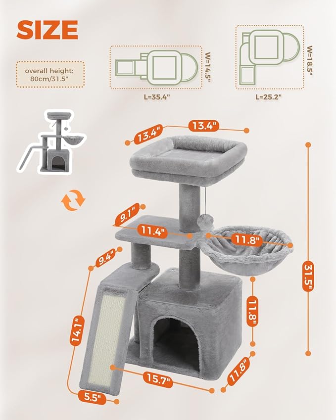 PETEPELA Small Cat Tree for Indoor Cats, 32'' Cute Cat Tower Cat Condo with Sisal Scratching Ramp, Cozy Hammock and Removable Top Bed Perch for Kittens, Grey