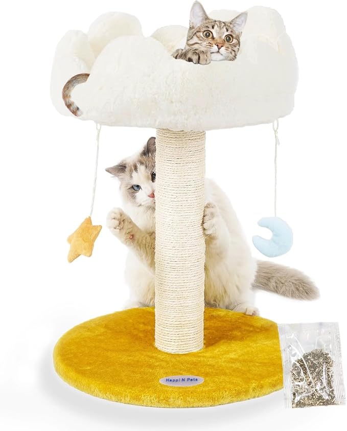 Happi N Pets Cloud Cat Tree, Cat Scratching Post with Bed, Cat Tree Tower for Indoor Cats, Sisal Cat Scratcher with Soft Perch for Kitten & Adult Cats, Small Cat Tower with Toys, Cat Scratch Post