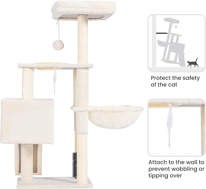 Heybly Cat Tree with Cat Self Groomer Brush, Cat Tower Condo for Indoor Cats with Padded Plush Perch,Cat House with Basket Scratching Board Post, Beige HCT005SM
