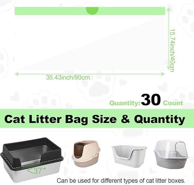 30 Count Cat Litter Liners XL, 36" x 16" Cat Litter Box Bags with Drawstring, Self Cleaning Litter Box Bags