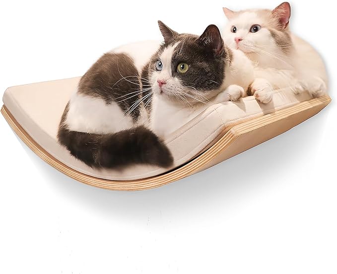 Large Cat Wall Shelves Curved Floating Cat Shelf Perch Bed with Cushion Wooden Cat Wall Furniture for Climbing Sleeping 22.4"x13.7"(White Oak)