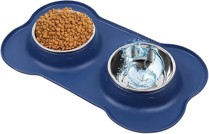 AsFrost Dog Food Bowls Stainless Steel Dog Food and Water Bowl Set, Dog Bowls No Spill Non Slip Silicone Mat, Dog Dishes for Small Medium Size Dogs Cat Puppy Pet Food Feeding Bowls, Blue, 12oz