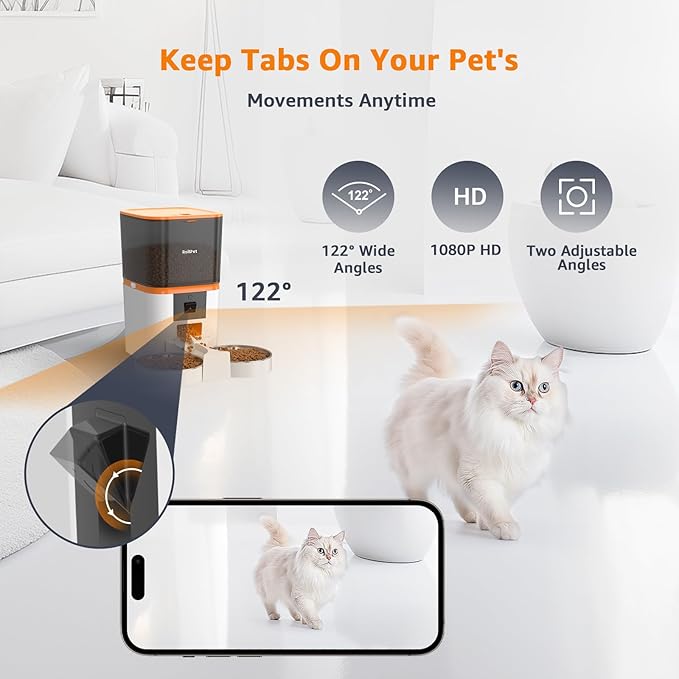 Automatic Cat Feeder with Adjustable Camera for 2 Cats, 5G WiFi 6L Smart Cat Food Dispenser, 1080P HD Video with Night Vision, Pet Feeder with 2-Way Audio for Cats&Dogs, Food Blockage & Motion Alerts