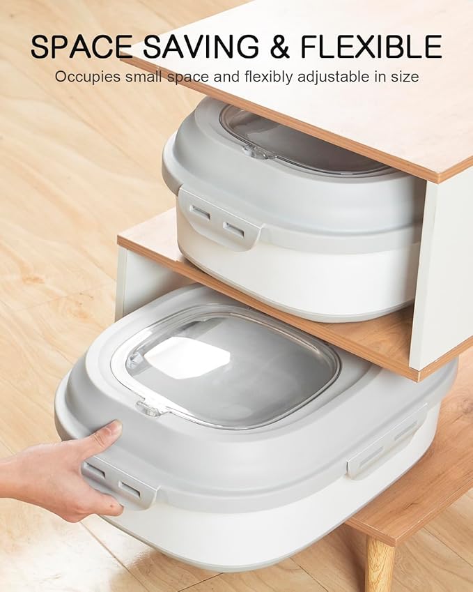 35LBS Collapsible Dog Food Storage Container, Pet Dog Pantry Large Containers Bin with Wheels,Scoop & 2pcs Food Storage Containers, Kitchen Cereal Flour Rice Leakproof Dry Holder-Grey