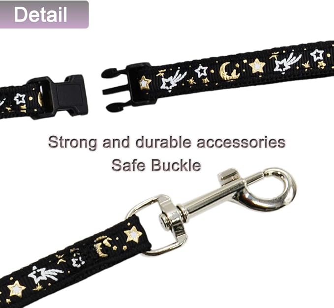 Cat Harness and Leash Set for Outdoor Walking Escape Proof Adjustable Soft Safety Strap with Golden Star and Moon Design Glow in The Dark Black Medium