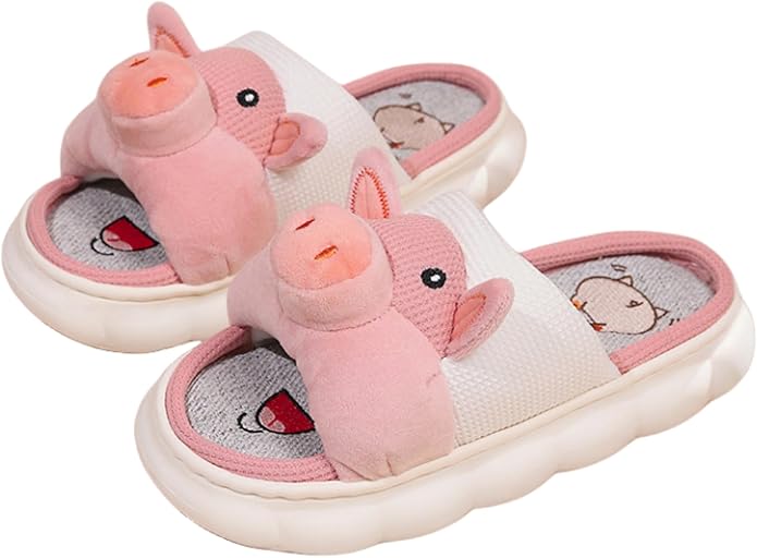 AZCHEN Women's Animal Cartoon Pig Slippers - Cute and Comfortable Linen Plush Slippers for Home