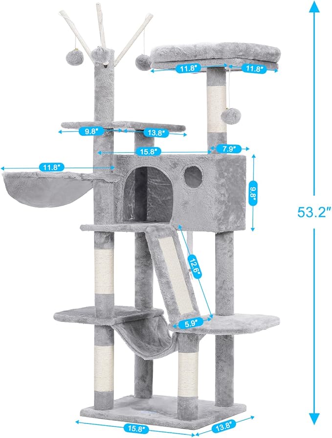 Hey-brother Cat Tree, 53 inch Cat Tower for Indoor Cats, Cat House with Padded Platform Bed, Toy Balls, Large Cozy Condo, Hammocks and Sisal Scratching Posts, Light Gray MPJ019-SW