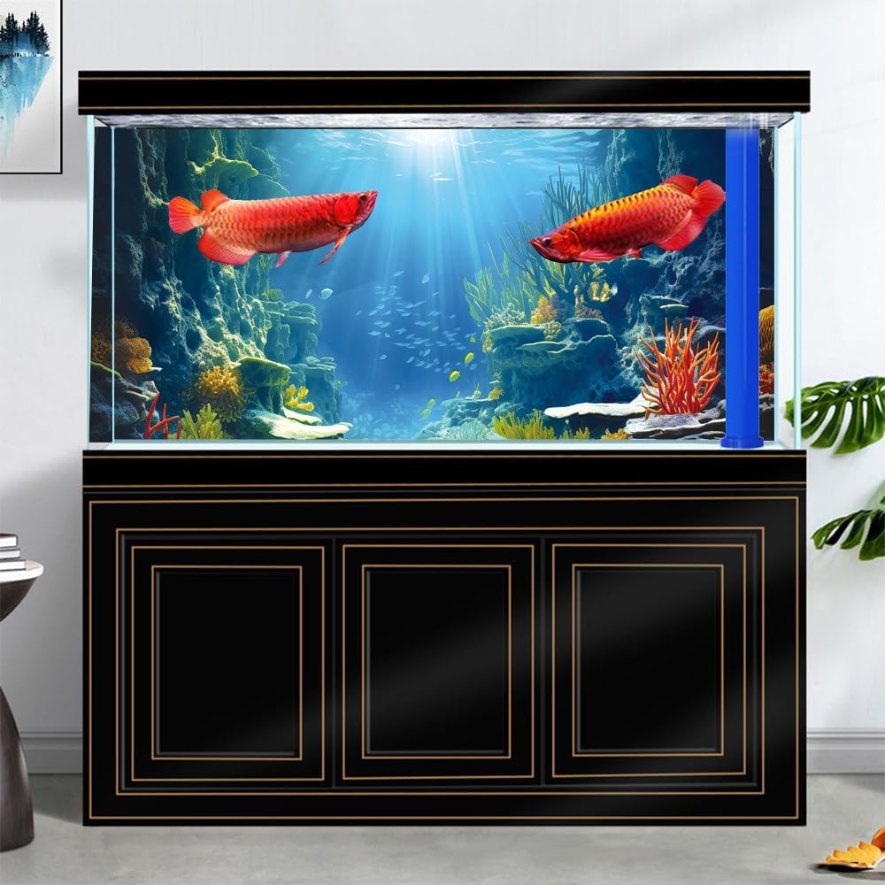 36X24IN Blue Sea Floor Aquarium Background, Natural Underwater World 3D Effect Fish Tank Decorations Background, Art Terrarium Background with 8 EVA Double-Sided Tape