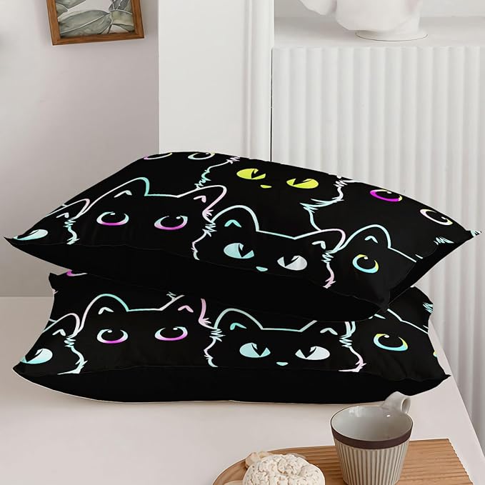 Axolotl Kids Bedding Cartoon Cat Comforter Set Twin Size,Gradient Line Cute Cat Bedding Set for Teens Boys Girls Adults Room Decor,Kids Comforter Set All Season,1 Comforter 2 Pillow Cases,Black