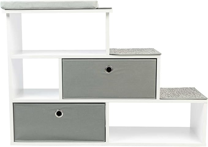 PetFusion Pet Step Window Perch Bookshelf w/ Storage Baskets 28” Tall Dog and Cat Perch, 8” Stair Height Multi-Functional Modern Furniture w/ Carpeted Step Pads & 1” Thick Premium Foam Pad