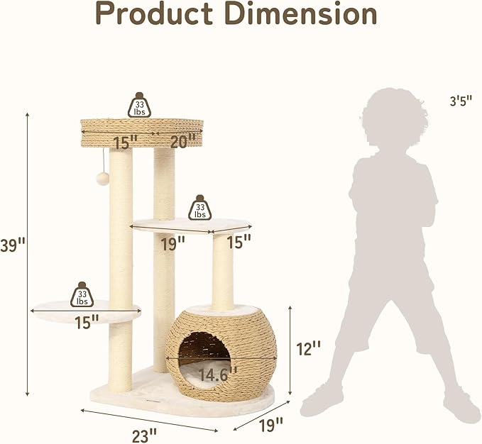 KAMABOKO Modern Cat Tree, Cat Tree for Indoor Cats w/Natural Sisal Scratching Posts, Hand-Woven Condo & Top Perch, 39" Tall Cat Tree for Kittens Climb Play & Rest