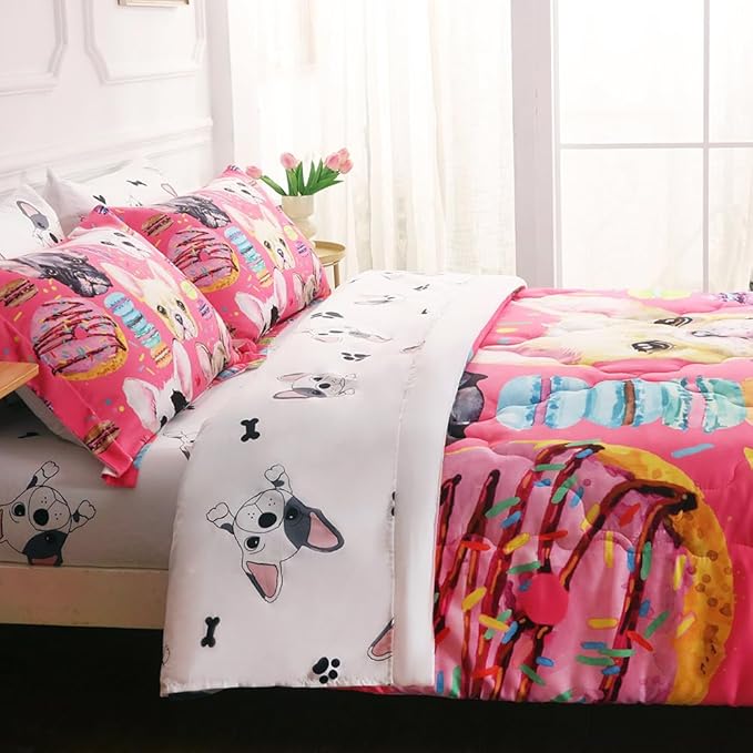 7 Piece Dog Comforter Set Full Size for Kids Cute 3D French Bulldog Dogs Bedding Bed in A Bag for Teens Boys Girls All Season Watercolor Pink Animal Themed Comforter