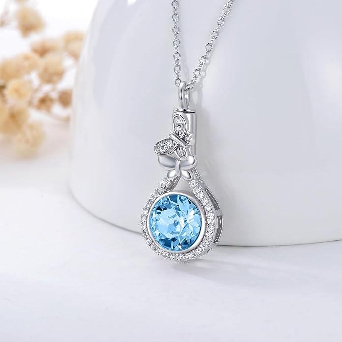 AOBOCO Butterfly Urn Necklace for Ashes 925 Sterling Silver Butterfly Cremation Jewelry Memorial Keepsake Pendant with 12 Months Birthstone Crystal from Austria