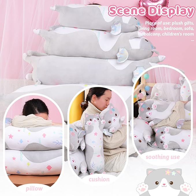 AIXINI Long Cat Plush Pillow Cartoon Cute Gray Cat Stuffed Animals, Soft Kawaii Kitten Plushies Pillow Toy for Kids (Gray,35.4inch)