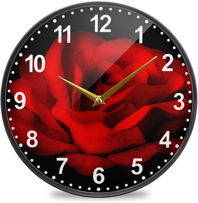 ALAZA Red Rose Flower Black Wall Clock Battery Operated Silent Non Ticking Clocks for Living Room Decor 12 Inch / 9.5 Inch
