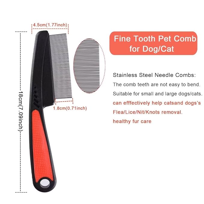 2 Pieces Fine Tooth and Wide Tooth Dog Grooming Comb - Rubber Handle Hair Comb for Small Dogs & Cats with Flea and Tick Removal (2PCS, Black Red)
